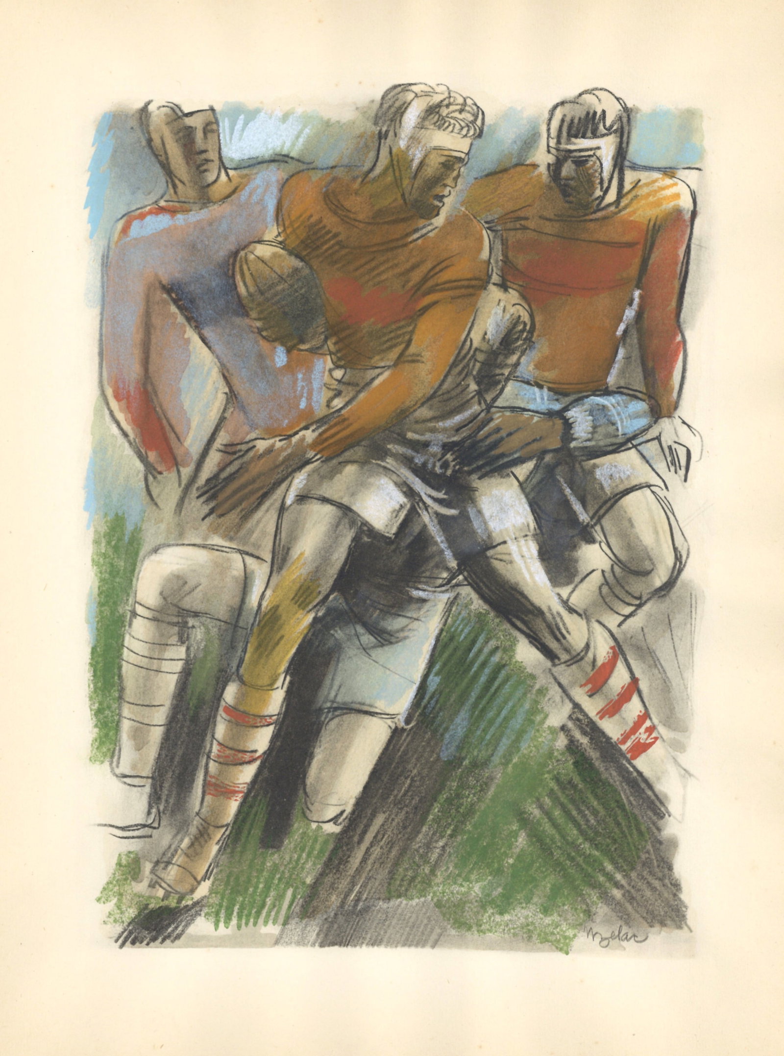 Milivoj Uzelac pochoir "Le Rugby" Les Joies du Sport: Medium: pochoir. Printed in Paris in 1932 on Velin du Marais paper at the atelier of Daniel Jacomet for the Les Joies du Sport portfolio and issued in an edition of 750. This was published in