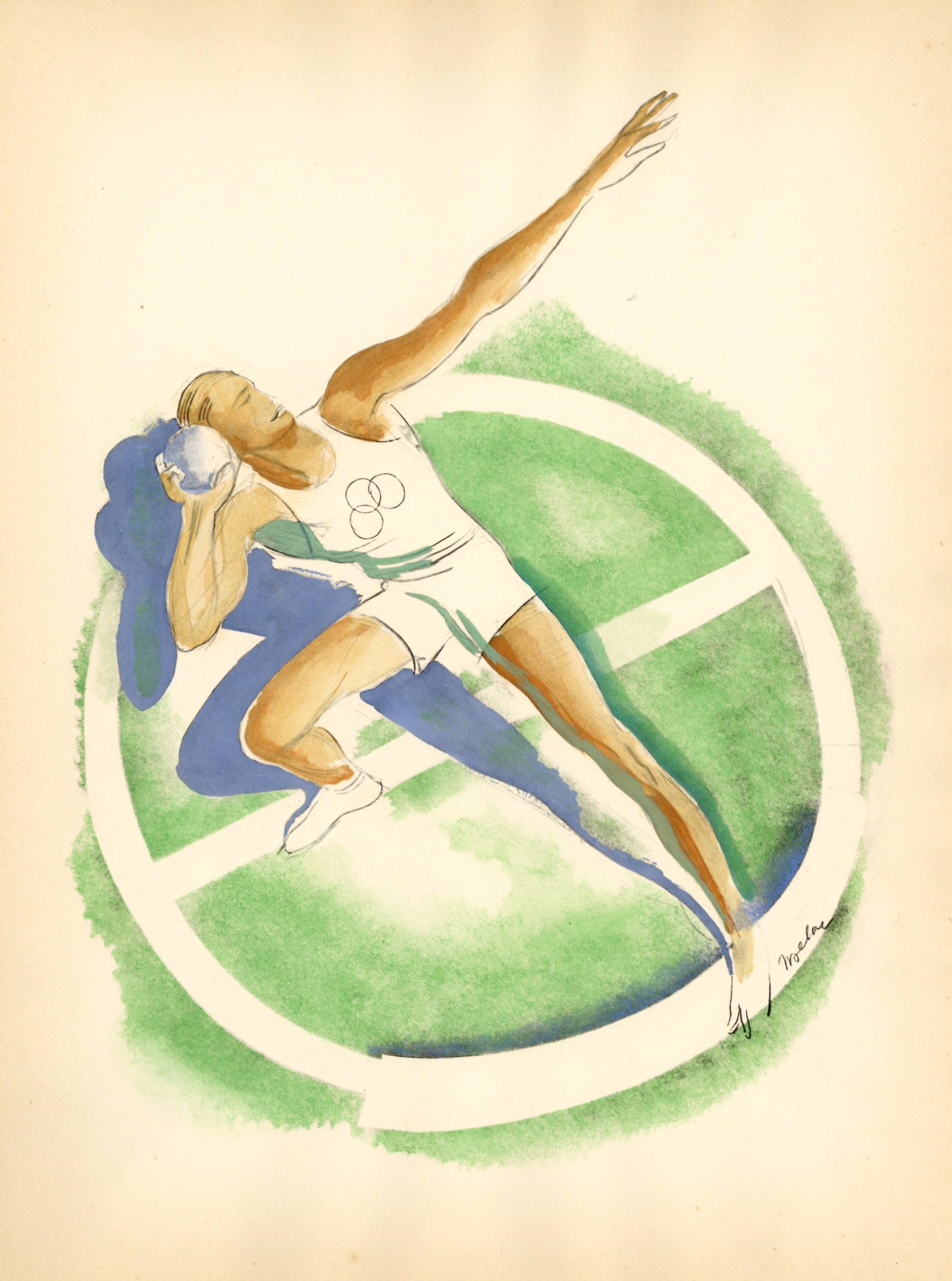 Milivoj Uzelac pochoir "Le Lancer du poids" Les Joies du Sport: Medium: pochoir. Printed in Paris in 1932 on Velin du Marais paper at the atelier of Daniel Jacomet for the Les Joies du Sport portfolio and issued in an edition of 750. This was published in