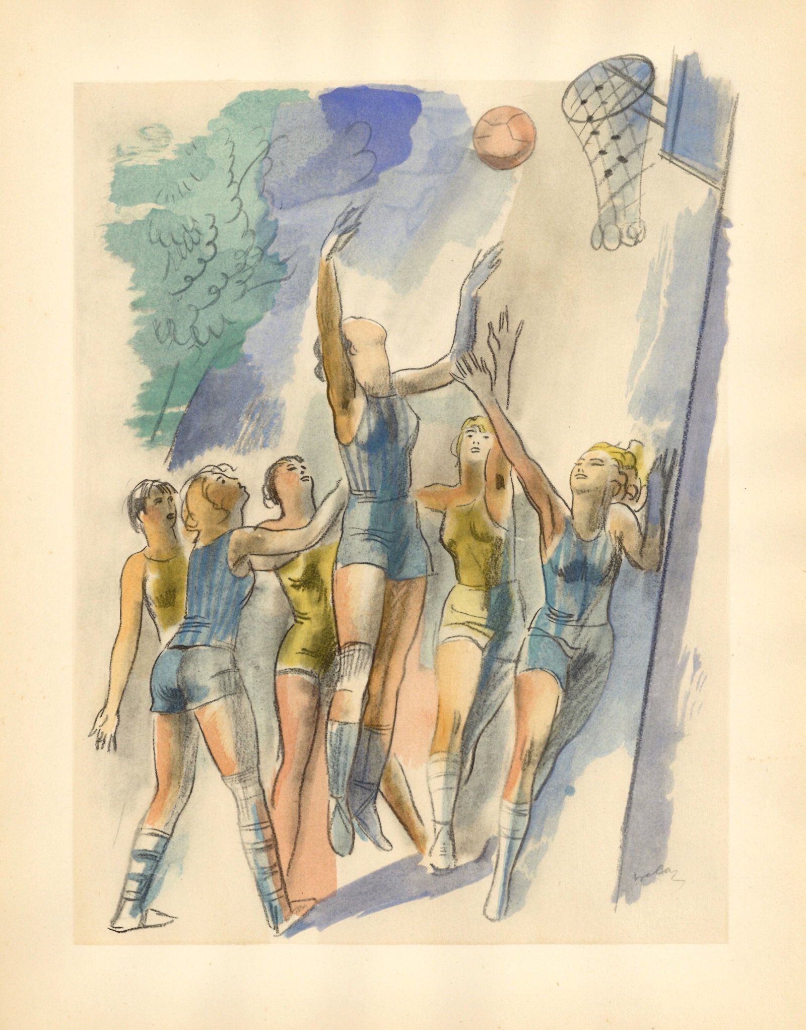 Milivoj Uzelac pochoir "Le Basket-Ball" Les Joies du Sport: Medium: pochoir. Printed in Paris in 1932 on Velin du Marais paper at the atelier of Daniel Jacomet for the Les Joies du Sport portfolio and issued in an edition of 750. This was published in
