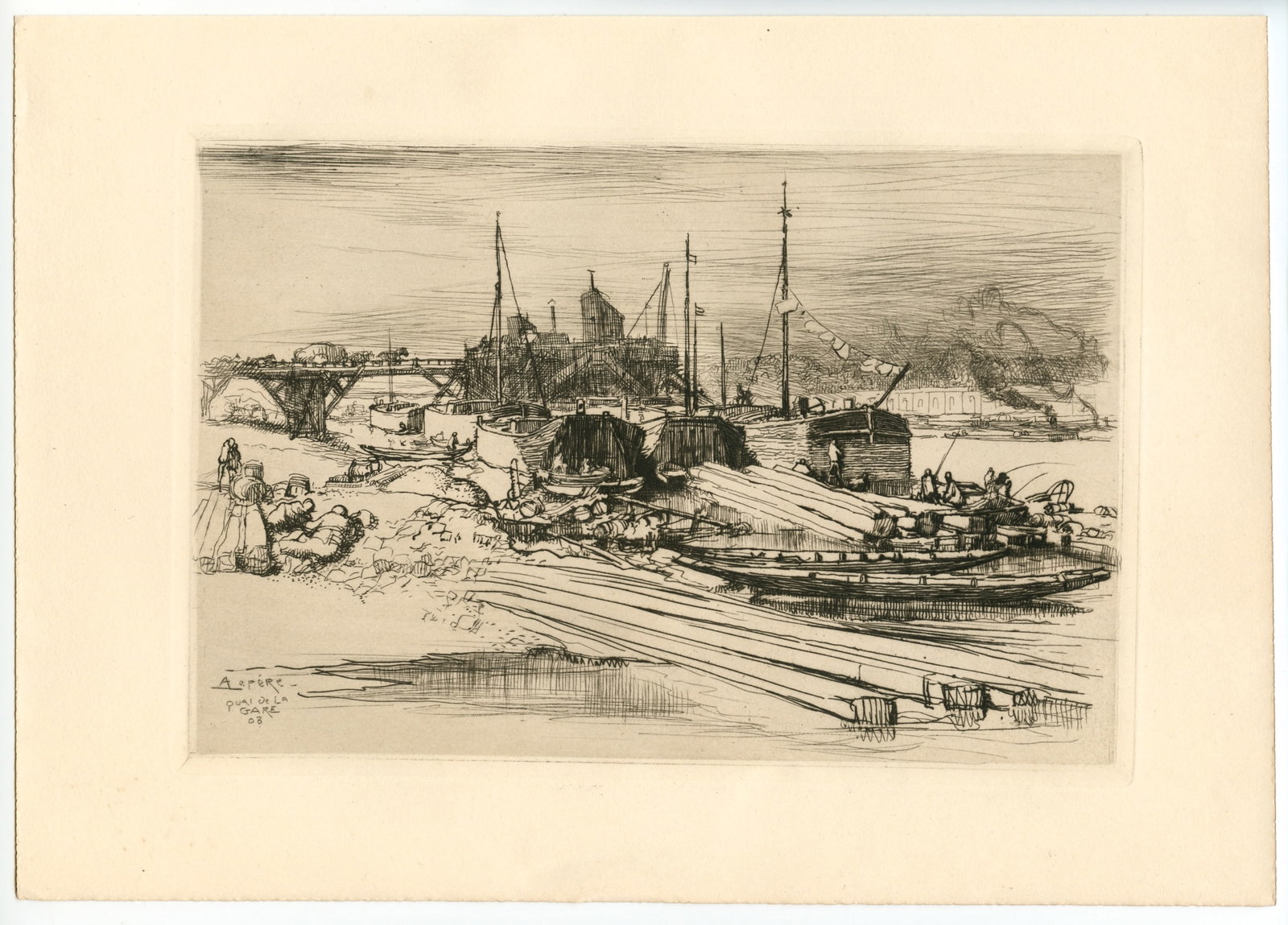 Auguste Louis Lepere original etching "Quai de la Gare: Decharge Publique": Medium: original etching. This impression on wove paper was printed in 1908 and published in Paris for the Revue de l'art ancien et moderne. Plate size: 5 3/4 x 8 1/2 inches (143 x 215 mm). Signed in