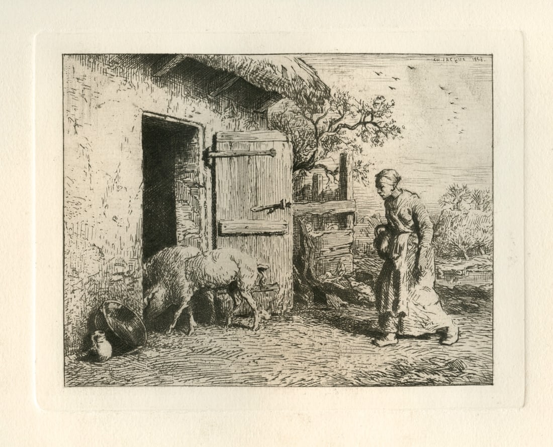 Charles Emile Jacque original etching "Peasant Woman Driving Pigs into a Stable": Medium: original etching. This impression on wove paper was printed in 1885 for the Sylvester R. Koehler portfolio of etchings and published by Cassell & Company. Plate size: 5 x 6 1/2 inches (130 x