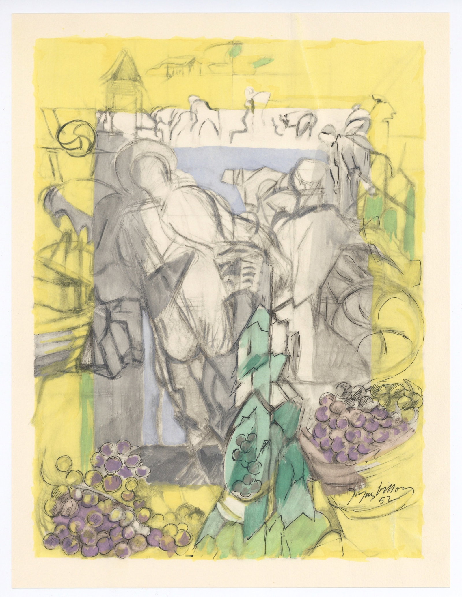 Jacques Villon pochoir for Vins, fleurs et flammes: Medium: pochoir (after the watercolor). Printed on Arches paper in 1956 at the atelier Daniel Jacomet for the Vins, fleurs et flammes portfolio, and issued in a limited edition of 380. Size: 12 1/4 x