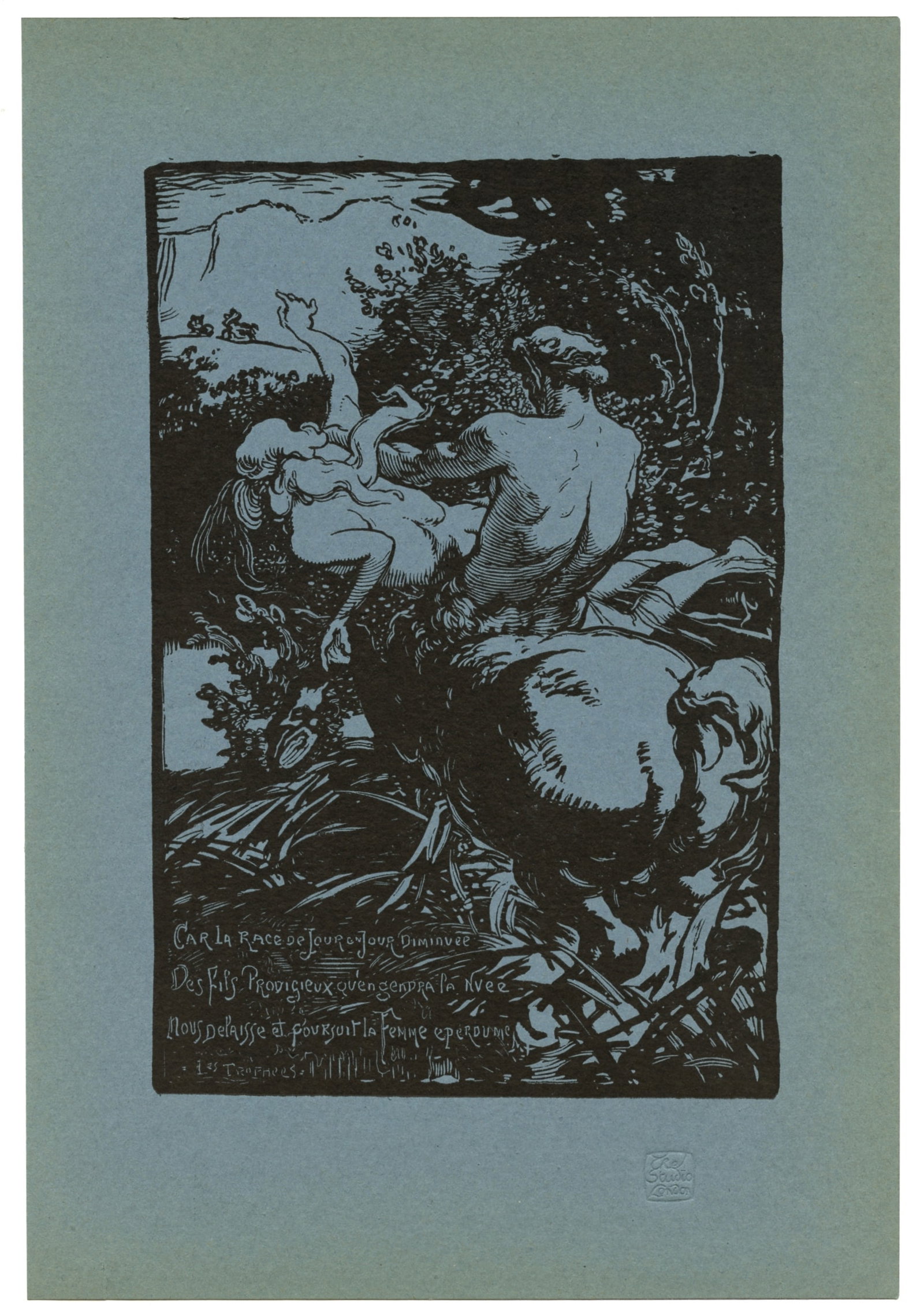 Auguste Louis Lepere original woodcut "Le centaure": Medium: original woodcut. This impression on blue-green paper was printed in 1902 and published in London by The Studio. Image size: 8 x 5 1/2 inches (205 x 140 mm). The Studio drystamp is embossed
