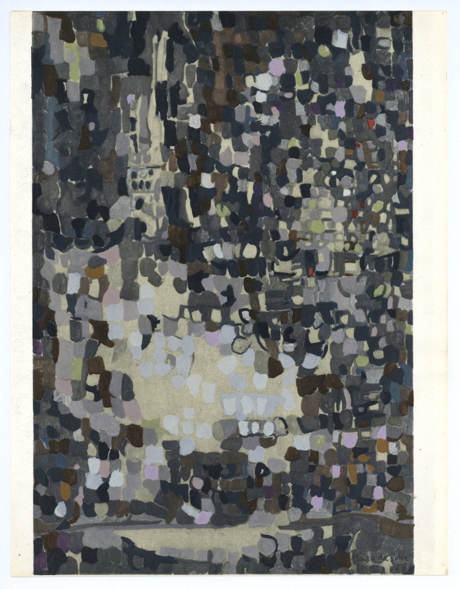 Vieira da Silva pochoir, 1956: Medium: pochoir (after the painting). Issued for XXe Siecle (No. 7) and printed by Daniel Jacomet. Published in Paris by San Lazzaro in 1956. Sheet size: 12 1/4 x 9 1/2 inches (313 x 243 mm). Signed