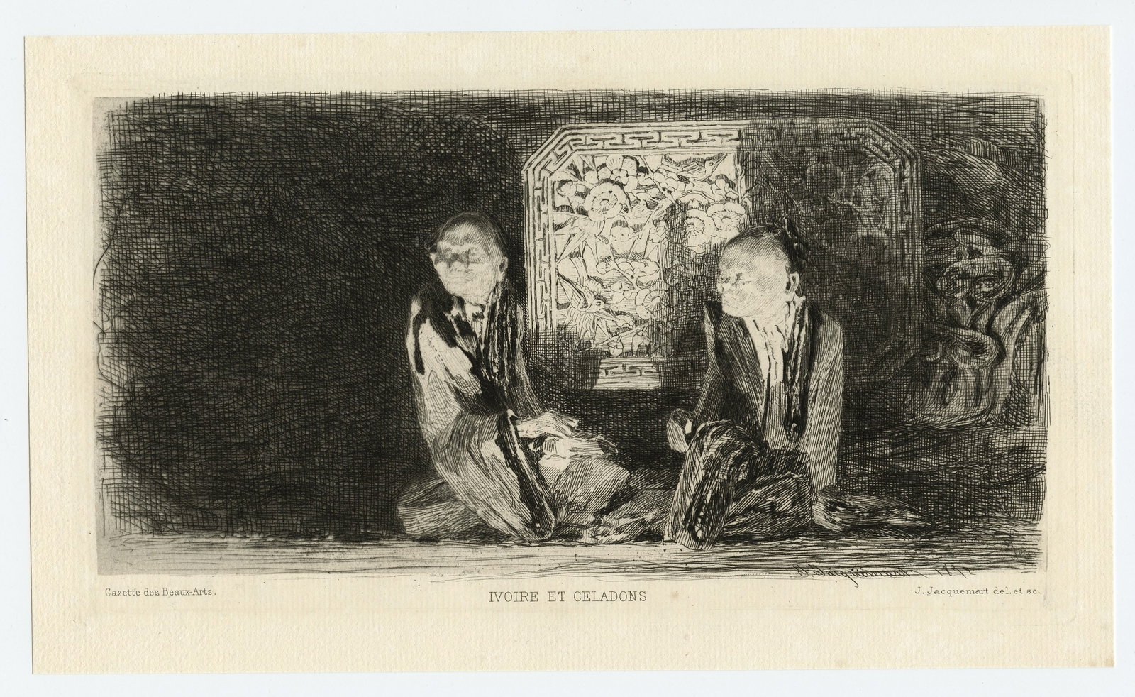 Jules Jacquemart original etching "Ivoire et Celadons": Medium: original etching. This impression on laid paper was printed in 1903 and published in Paris by the Gazette des Beaux-Arts. Plate size: 4 3/4 x 8 3/4 inches (120 x 225 mm). Sheet size: 5 5/8 x 9