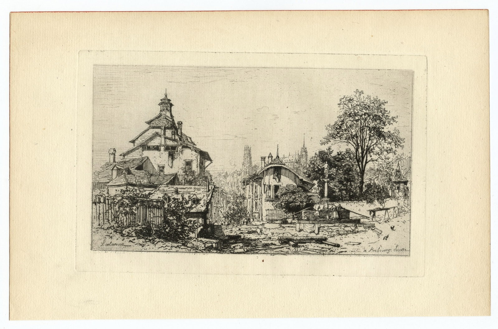 Maxime Lalanne "Fribourg" original etching: Medium: original etching. This impression on laid paper printed in 1868 for Philip Gilbert Hamerton's very scarce "Etching and Etchers". Plate size: 4 5/8 x 7 1/4 inches (116 x 182 mm). Signed in the