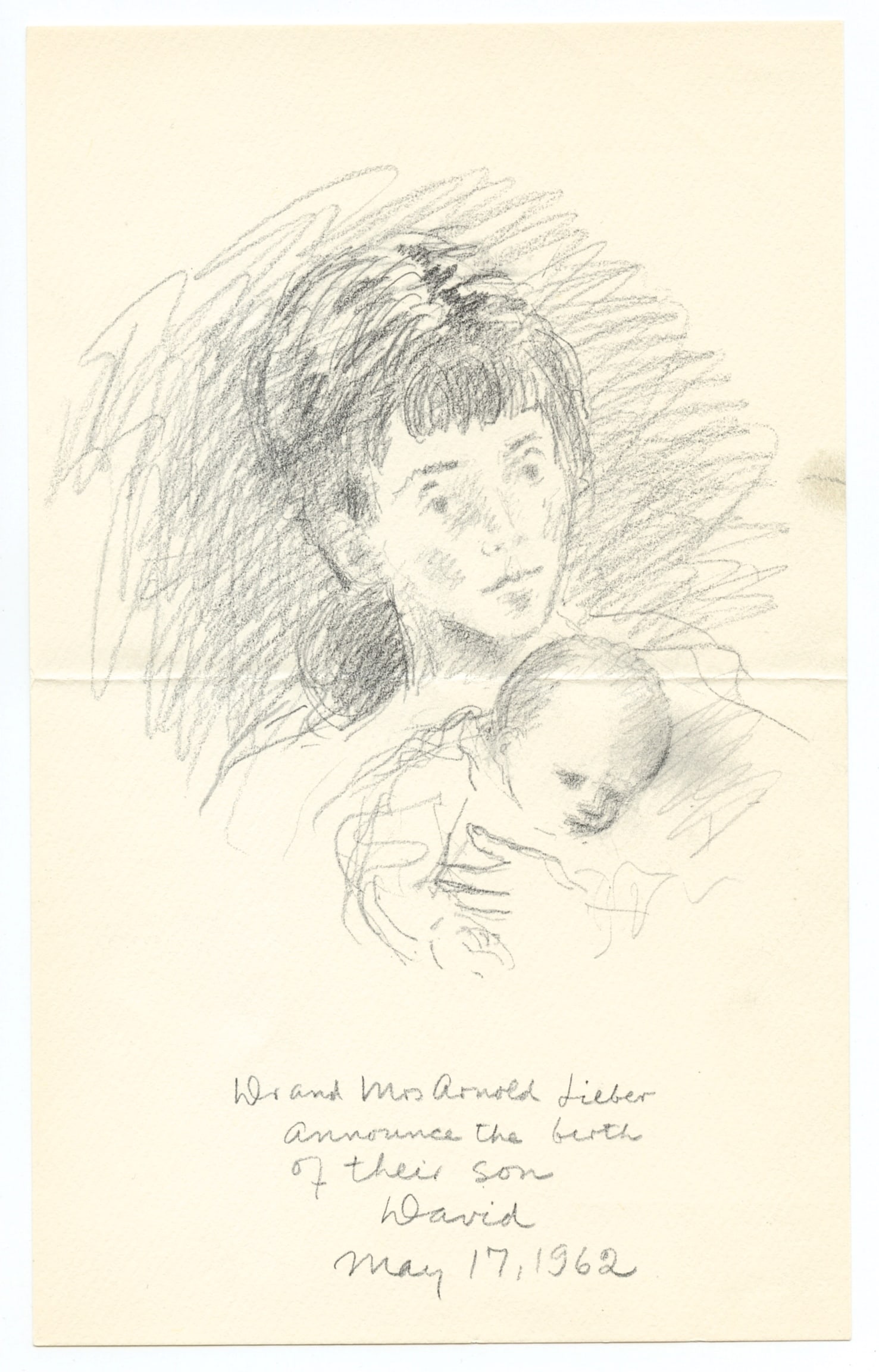 Raphael Soyer rare unpublished lithograph, 1962: Medium: offset lithograph (after the drawing). A rare and interesting work for collectors of Raphael Soyer. This is an actual birth announcement, designed by the artist for his friends. The