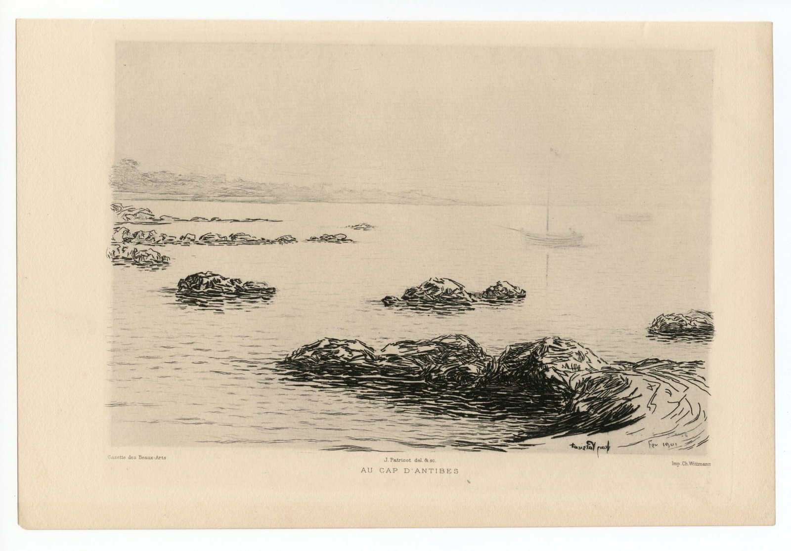 Jean Patricot original etching "Au cap d'Antibes": Medium: original etching. Printed in 1902 and published in Paris by Gazette des Beaux Arts. Image size: 5 3/4 x 8 1/4 inches (145 x 210 mm). Signed in the plate, not hand-signed. Reserve: $120
