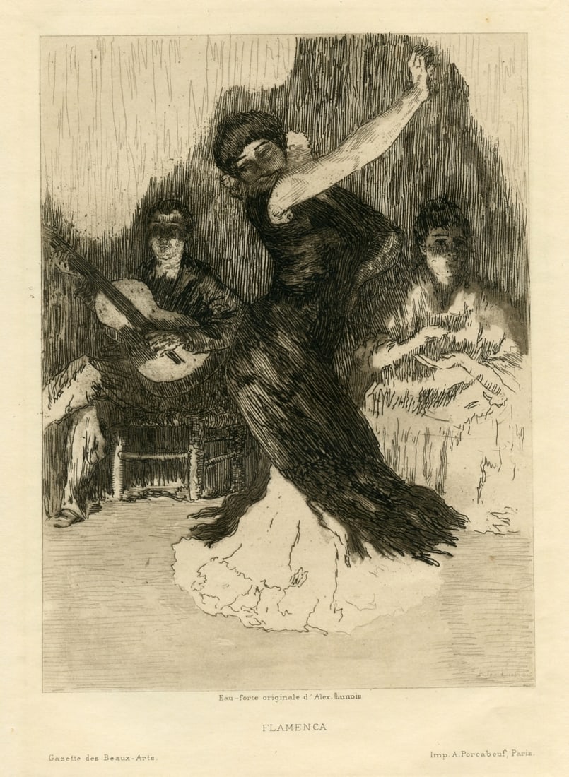 Alexandre Lunois original etching "Flamenca": Medium: original etching. A rich impression printed on simili japon paper in 1912 by Alfred Porcabeuf and published in Paris by Gazette des Beaux-Arts. The plate measures 8 x 5 1/2 inches (205 x 140