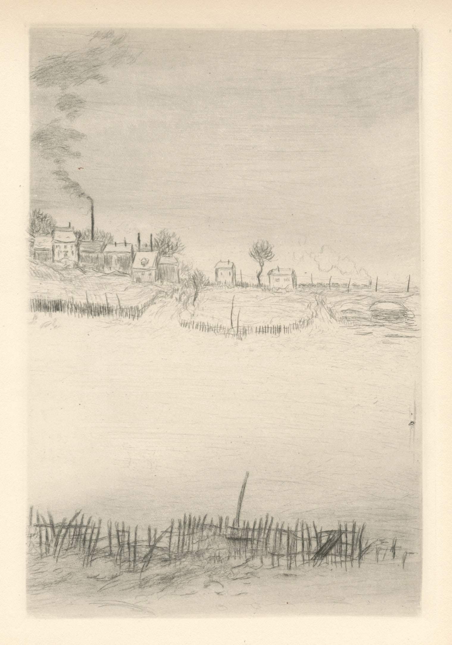 Jean-Francois Raffaelli original etching "La Neige (soleil couchant)": Medium: original etching and drypoint. Printed in 1909 and published in Paris by Henri Floury. Plate size: 8 1/4 x 5 5/8 inches (212 x 143 mm). Not signed. Reserve: $120 Shipping: Domestic: Flat-rate 