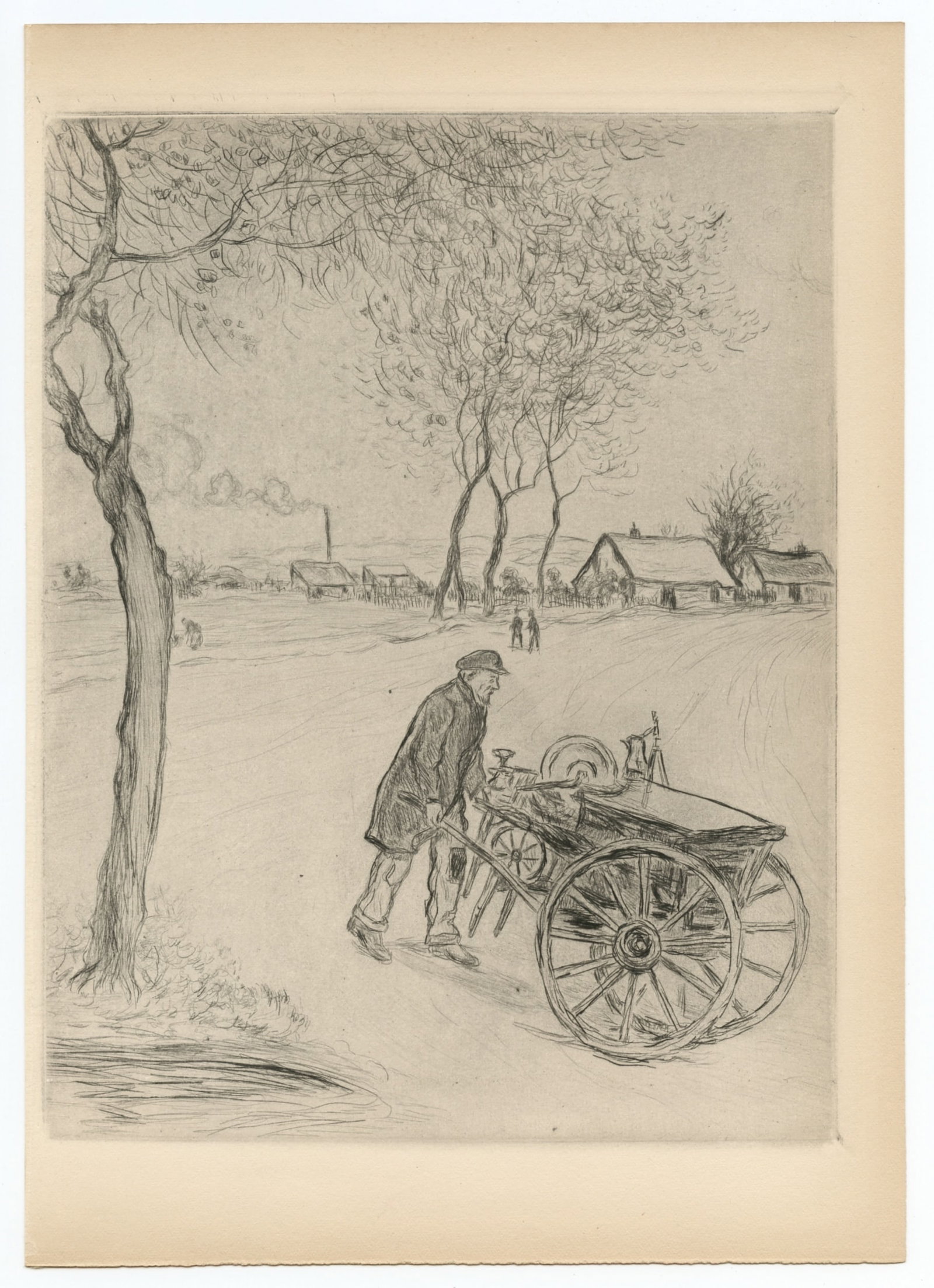 Jean-Francois Raffaelli original etching "Le Remouleur": Medium: original etching and drypoint. Catalogue reference: Delteil 76. Printed in 1909 and published in Paris by H. Floury. Plate size: 8 3/8 x 6 1/2 inches (212 x 165 mm). Not signed. Condition: the
