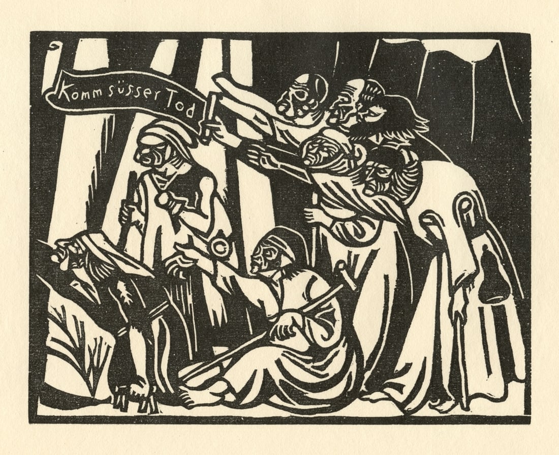 Richard Seewald "Aus dem Composanto" original woodcut: Medium: original woodcut. The inscription on the banner translates to "Come Sweet Death". Printed in Germany in 1922 for the rare Ganymed portfolio of "Das vierte Jahrbuch der Marees Gesellschaft",