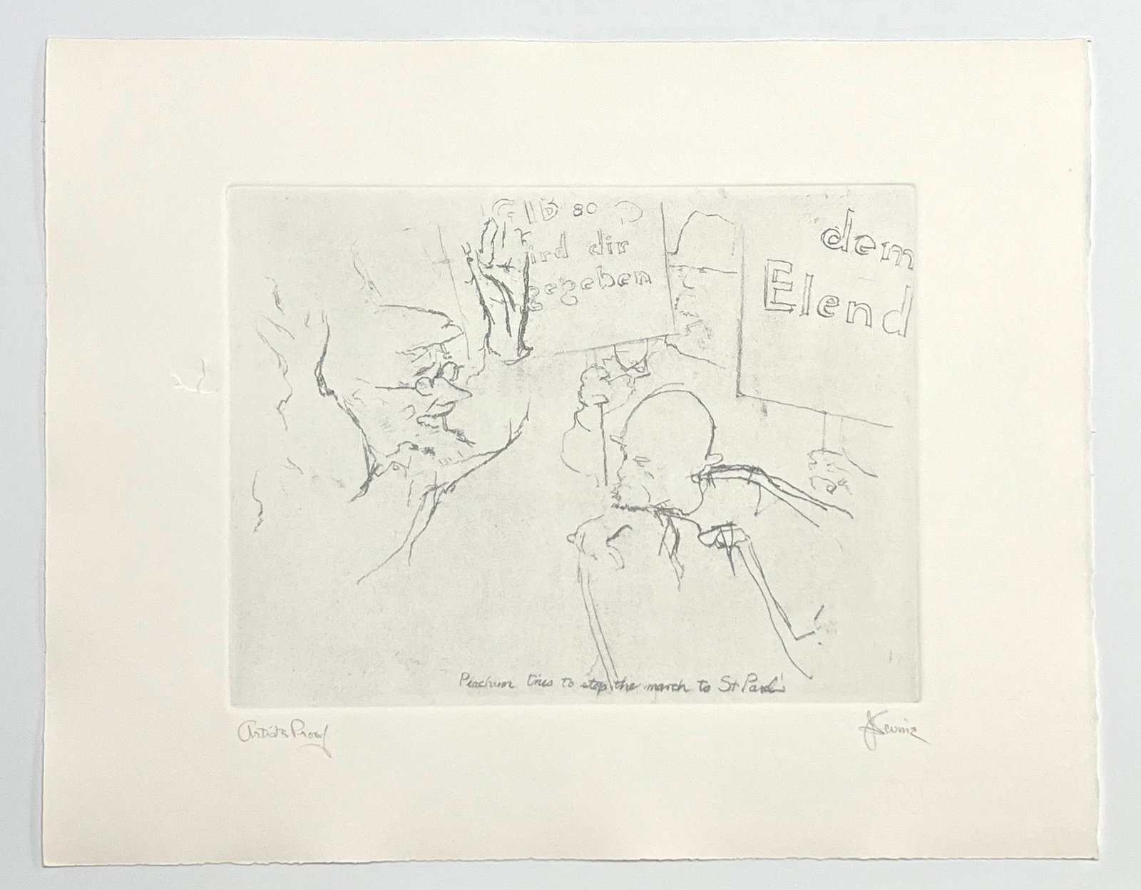 Jack Levine signed original etching "Peachum tries to stop the march to St. Paul's": Medium: original soft ground etching. Signed in pencil and annotated "Artist's Proof". Printed in 1967 for the Dreigroschen Film portfolio and published by Touchstone Publishers. This is one of 10 art