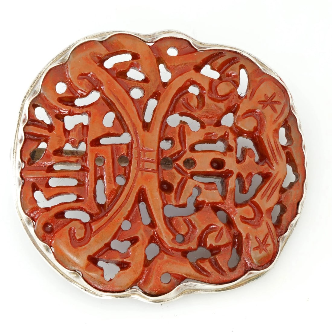 1930s Chinese Sterling + Stone Clip Brooch: Title:1930s Chinese Sterling + Stone Clip Brooch Size:Plaque excluding clip - 2 ½ in (6.4 cm) tall x 2 ¼ in (5.7 cm) wide x ¼ in (.6 cm) thick Overall including clip – 2 ½
