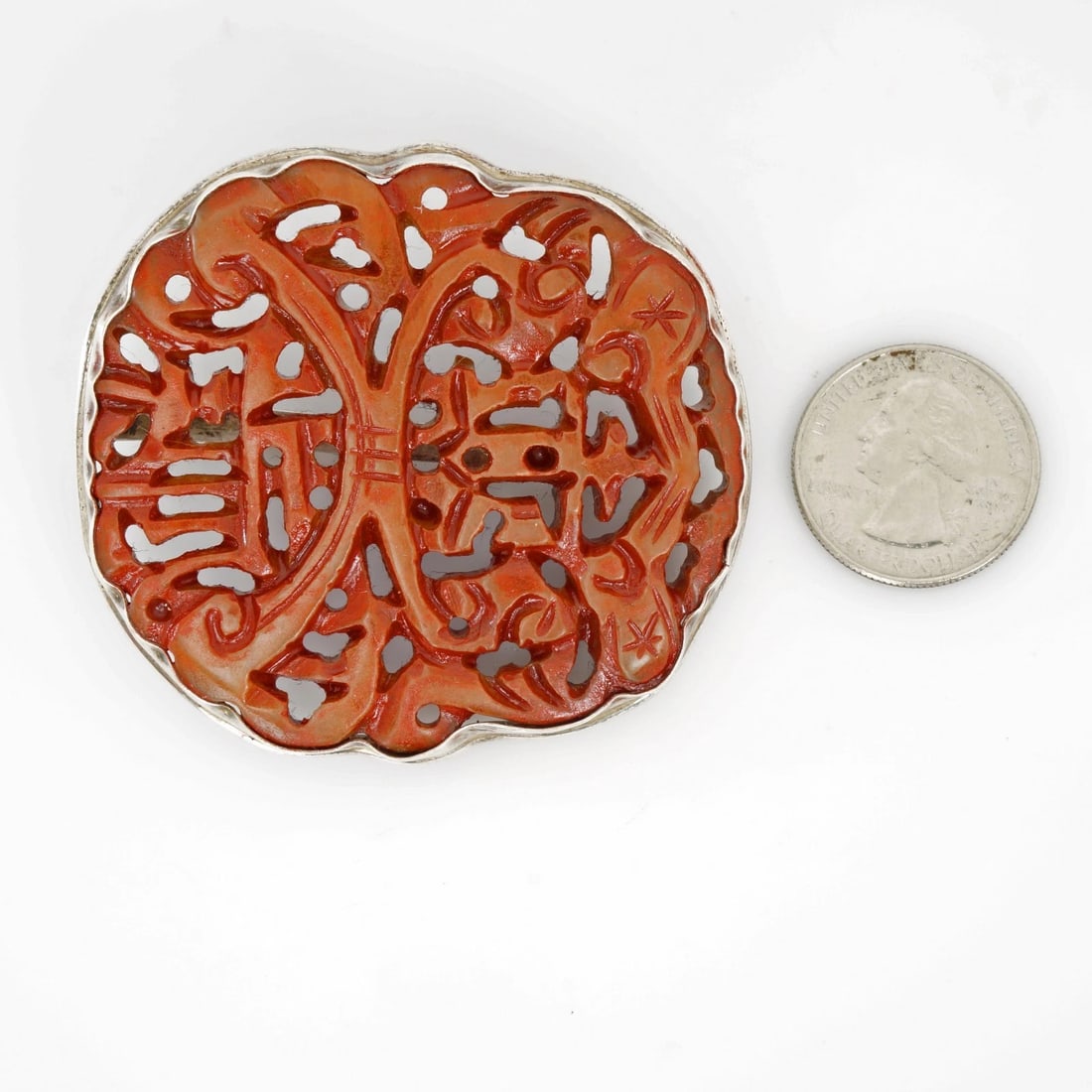1930s Chinese Sterling + Stone Clip Brooch - 2