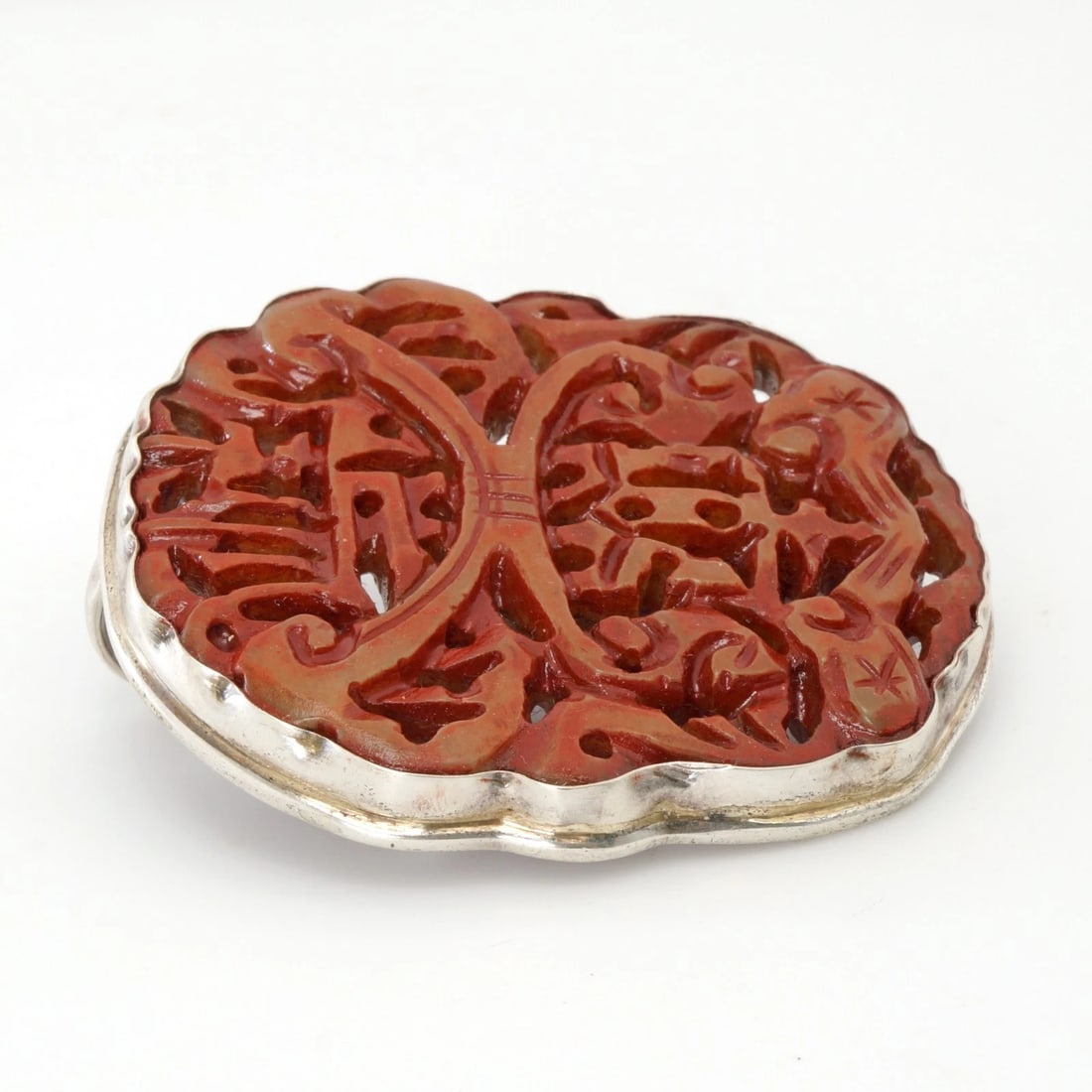 1930s Chinese Sterling + Stone Clip Brooch - 5