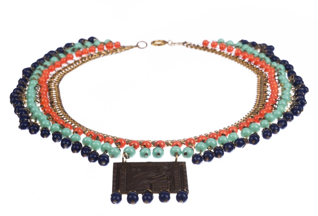 Egyptian Revival Brass and Venetian Glass Bead Necklace - 3