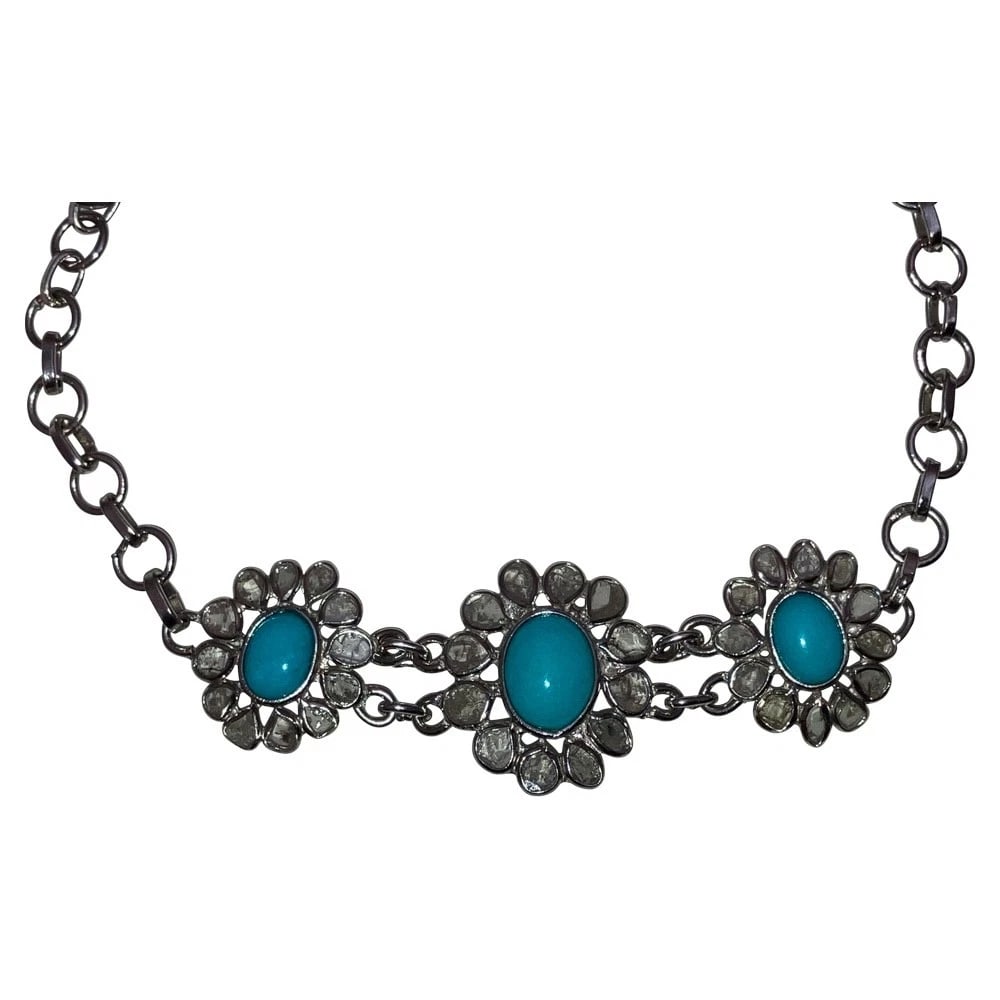 Djoy Sterling Hand Cut Flat Diamond Colorless Turquoise Cabochon Bracelet - 2