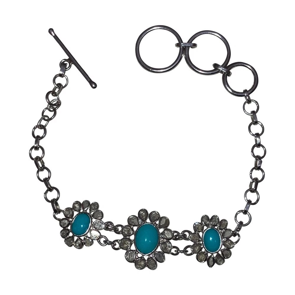 Djoy Sterling Hand Cut Flat Diamond Colorless Turquoise Cabochon Bracelet - 3