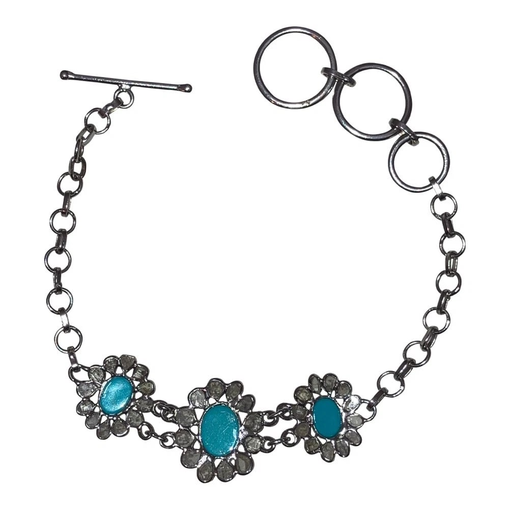 Djoy Sterling Hand Cut Flat Diamond Colorless Turquoise Cabochon Bracelet - 4