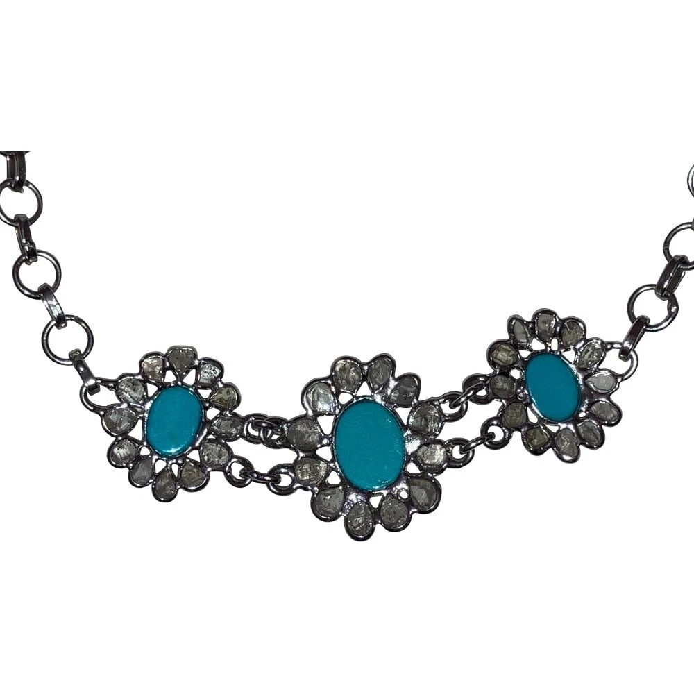 Djoy Sterling Hand Cut Flat Diamond Colorless Turquoise Cabochon Bracelet - 5