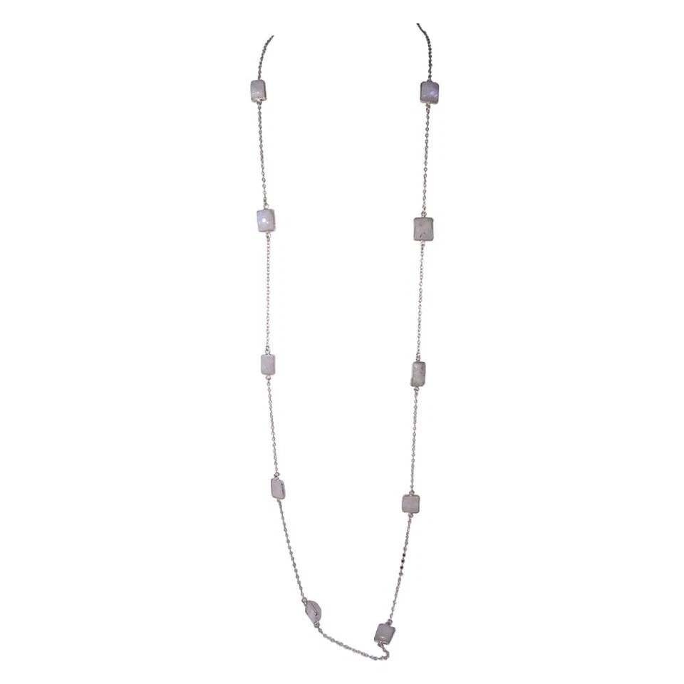 Silver Sterling Flapper Chain with Bezel Set Rainbow Moonstone Necklace - 2