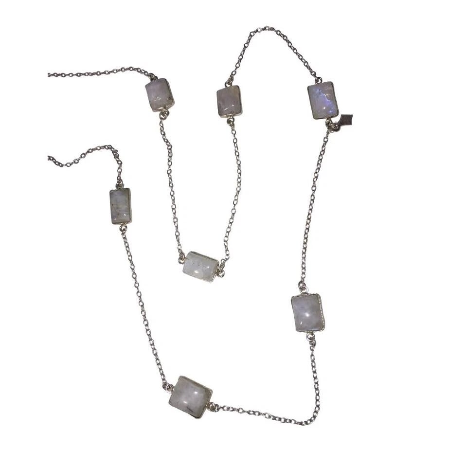 Silver Sterling Flapper Chain with Bezel Set Rainbow Moonstone Necklace - 3