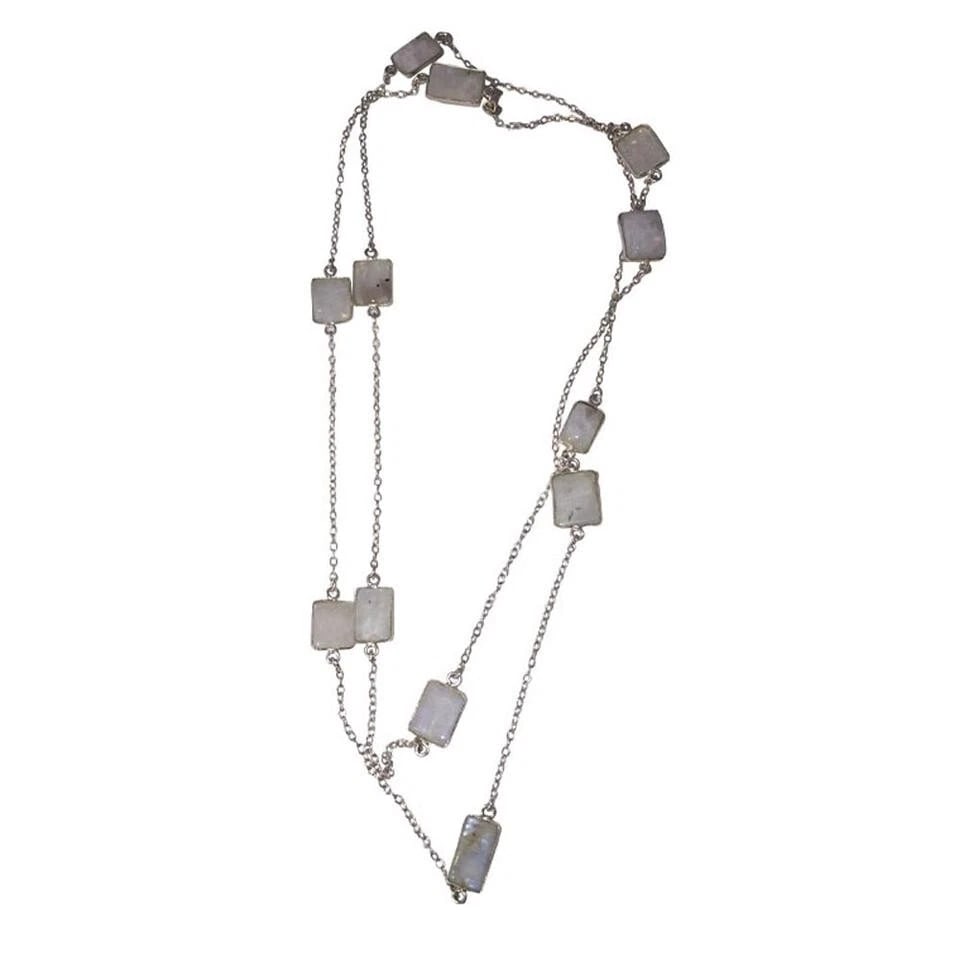 Silver Sterling Flapper Chain with Bezel Set Rainbow Moonstone Necklace - 4