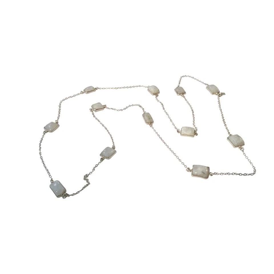 Silver Sterling Flapper Chain with Bezel Set Rainbow Moonstone Necklace - 5