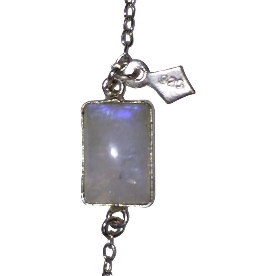 Silver Sterling Flapper Chain with Bezel Set Rainbow Moonstone Necklace - 6