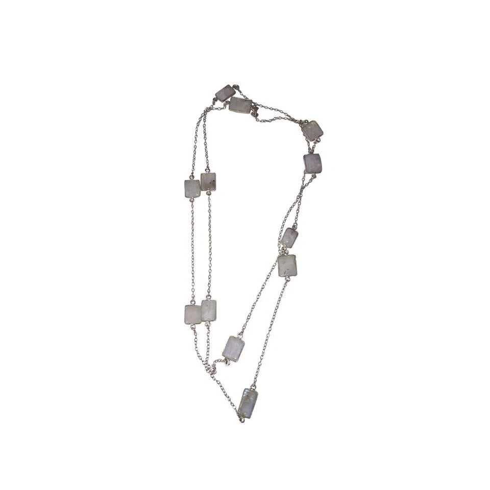 Silver Sterling Flapper Chain with Bezel Set Rainbow Moonstone Necklace - 7