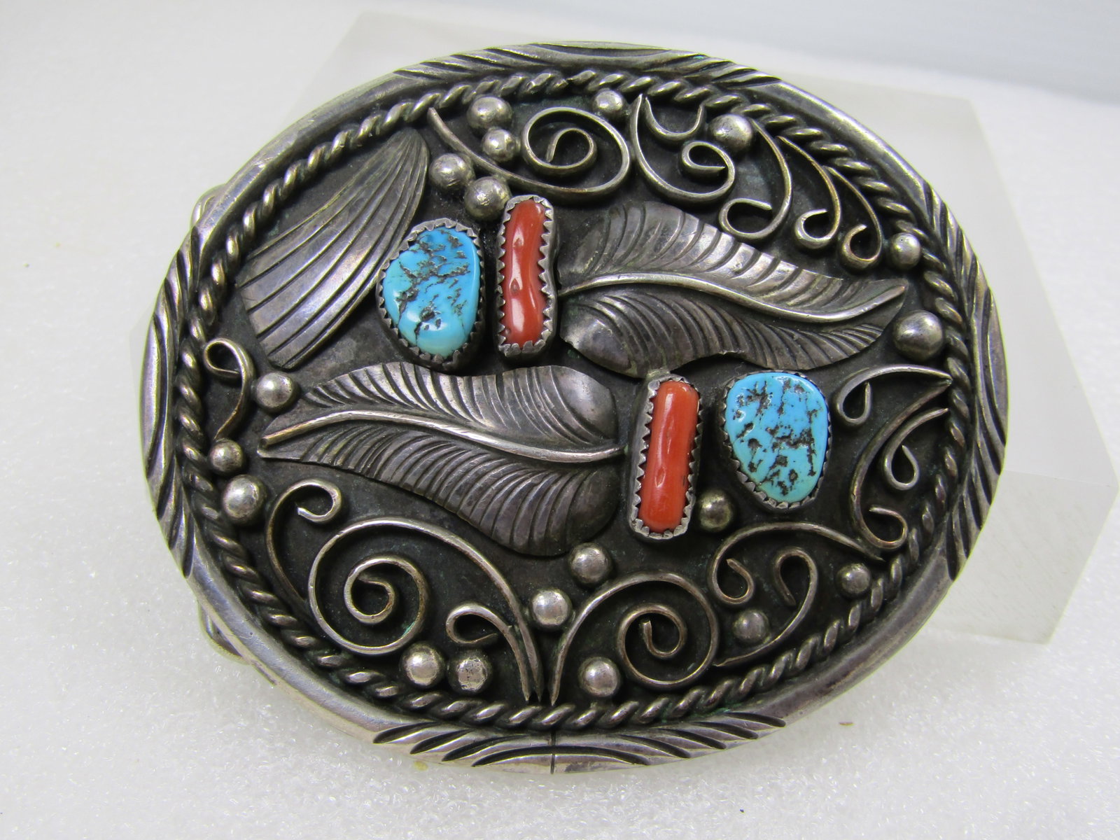 Vintage Sterling Southwestern Belt Buckle, Turquoise/Coral T.C. Yazzie, 1970's: Title:Vintage Sterling Southwestern Belt Buckle, Turquoise/Coral T.C. Yazzie, 1970's Description:Vintage Sterling Southwestern Belt Buckle, Turquoise/Coral T.C. Yazzie, 1970's. This is a large oval wi