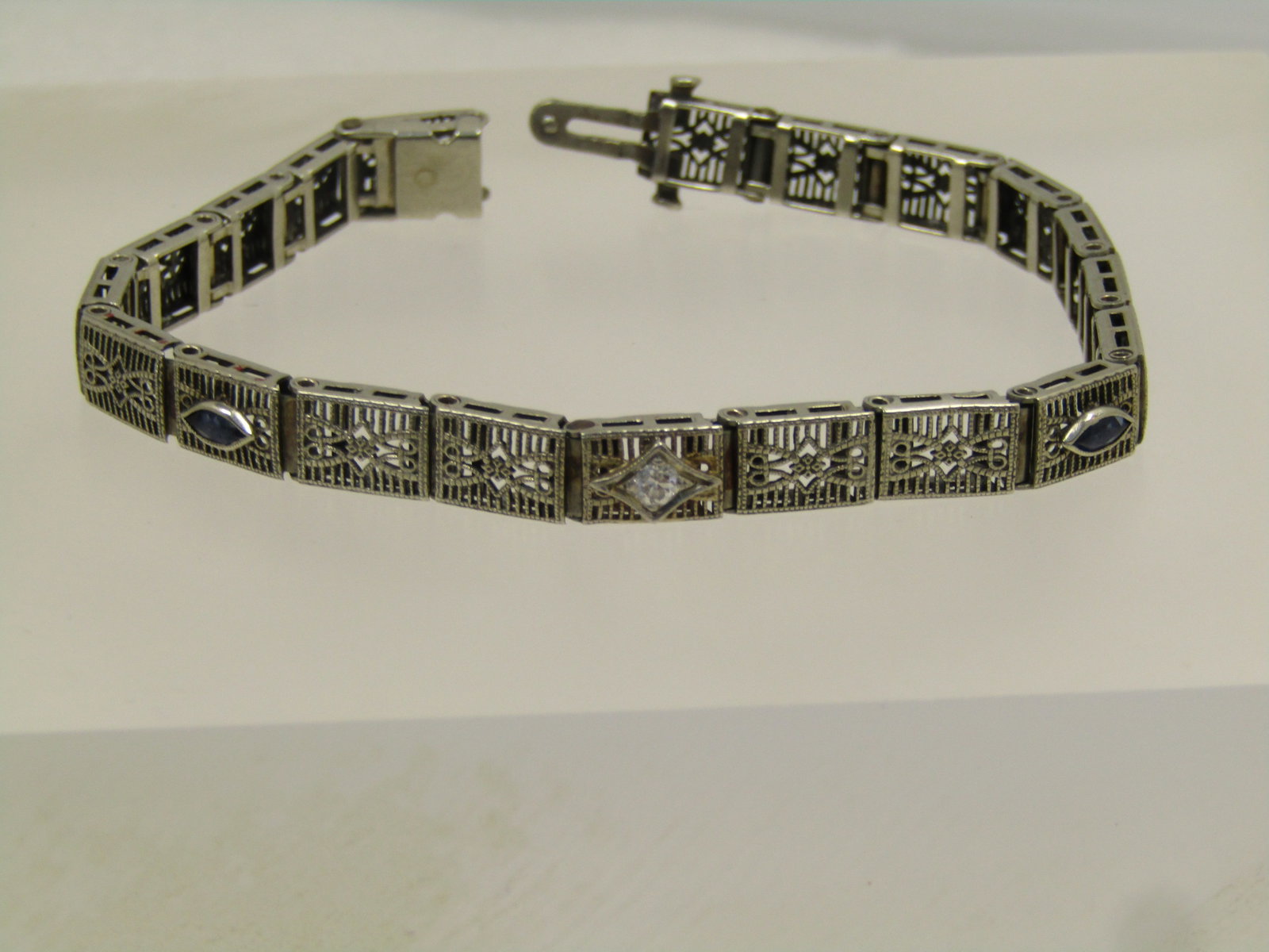 Vintage 10kt Art Deco Diamond Bracelet, Filigree, 7", 1940's (1 of 10)