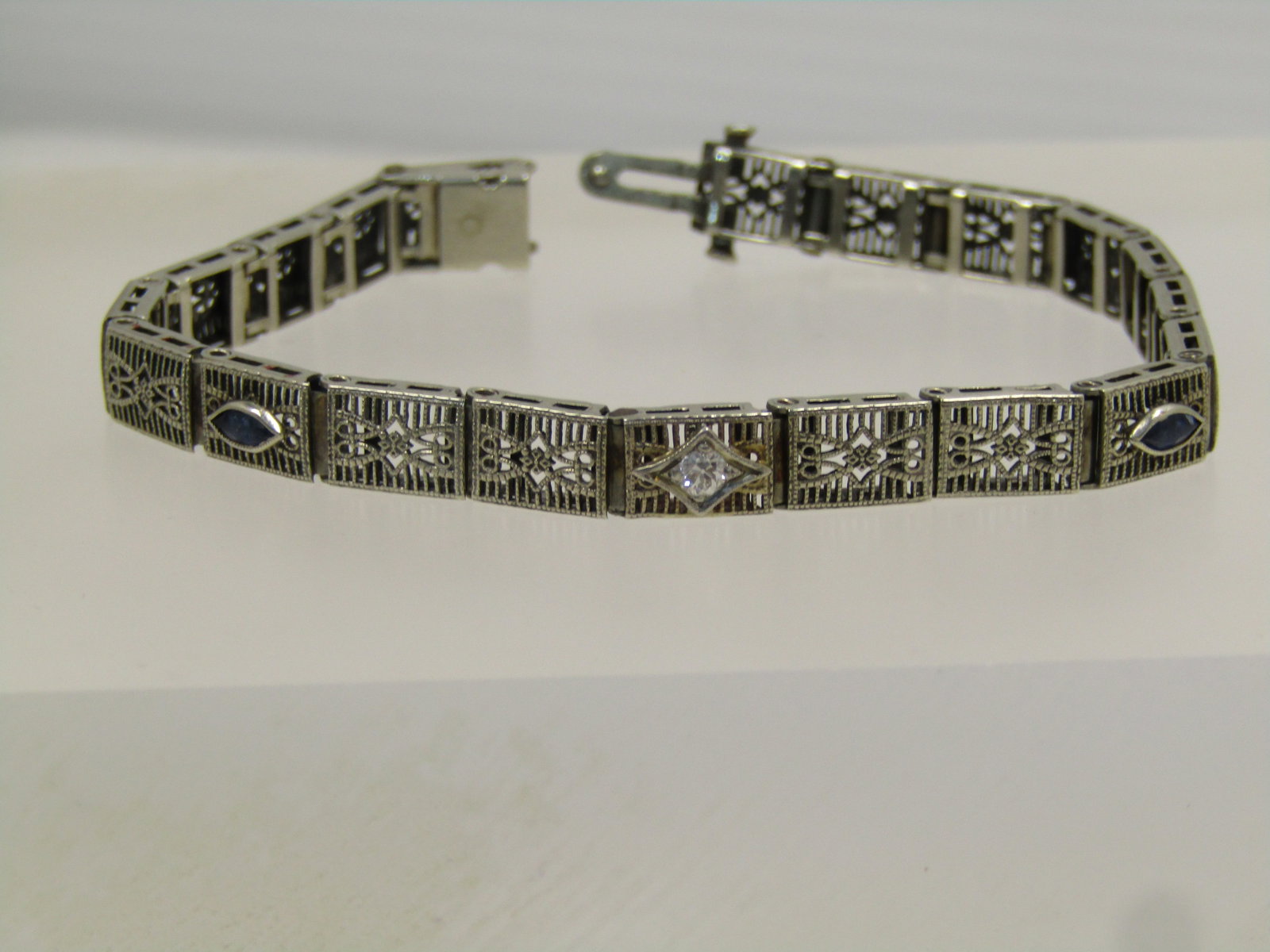Vintage 10kt Art Deco Diamond Bracelet, Filigree, 7", 1940's - 2