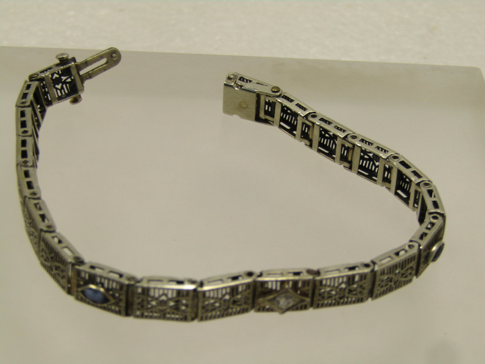 Vintage 10kt Art Deco Diamond Bracelet, Filigree, 7", 1940's - 8
