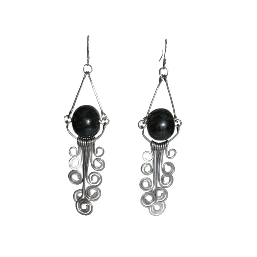 Mexican Guatemalan Jade Bead Stainless Steel Chandelier Wire Earrings: Title:Mexican Guatemalan Jade Bead Stainless Steel Chandelier Wire Earrings Description:Hand made Guatemalan jade bead mobile chandelier earrings, made from stainless steel. Purchased on a buying trip