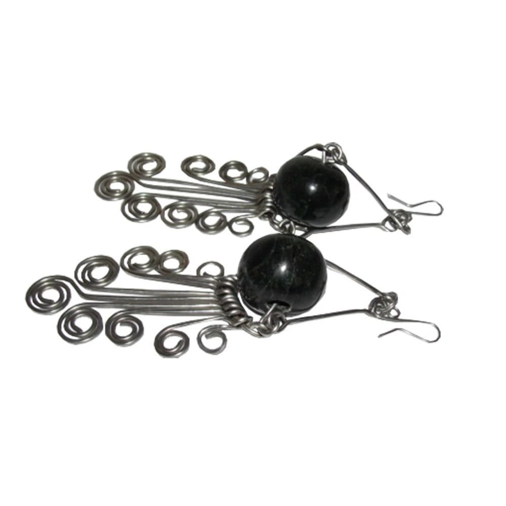 Mexican Guatemalan Jade Bead Stainless Steel Chandelier Wire Earrings - 4