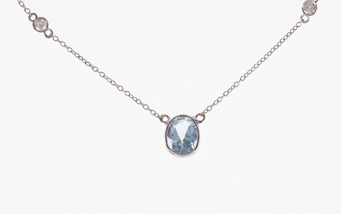14 kt Gold Bezel Set Aquamarine and Diamond Necklace Alberto Juan - 5