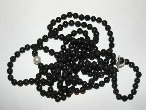 Hand Made Lava and Pearl Beaded Flapper Necklace - 3