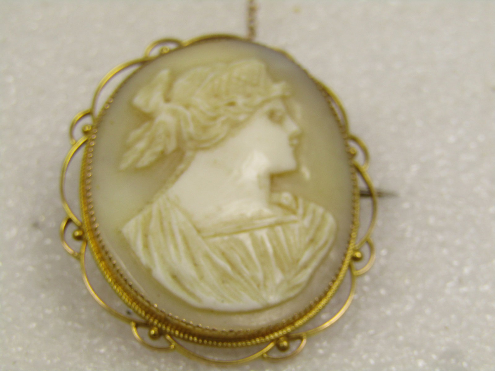 Antique 9kt Roman/Greek Cameo Brooch with Safety Chain, 1800's, Signed H and N - 6
