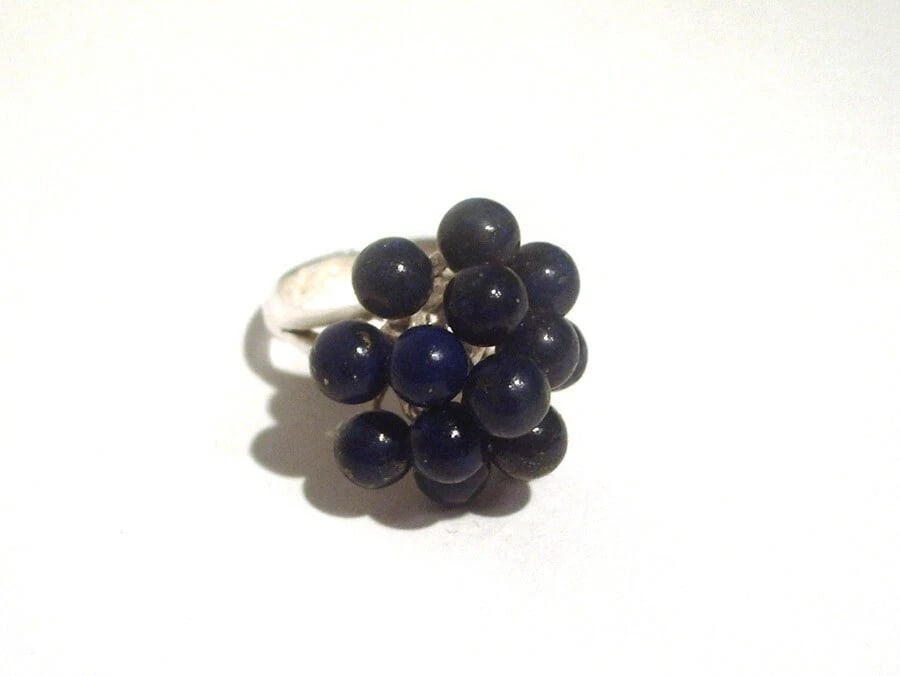 3 Tier Grape Cluster Cocktail Ring Sterling Silver with Lapis Lazuli Beads - 2
