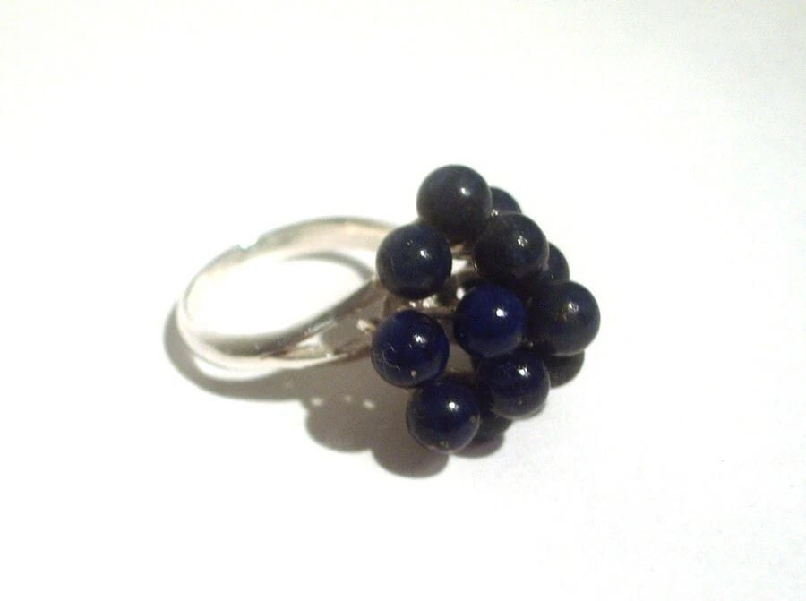 3 Tier Grape Cluster Cocktail Ring Sterling Silver with Lapis Lazuli Beads - 3