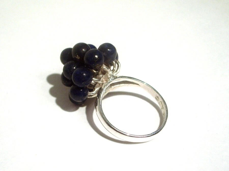 3 Tier Grape Cluster Cocktail Ring Sterling Silver with Lapis Lazuli Beads - 4