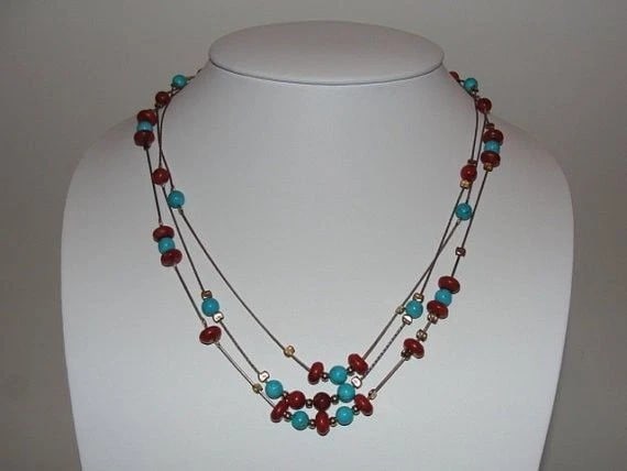 Sterling Silver and 14 kt Gold Turquoise and Red Coral Bead Necklace - 2