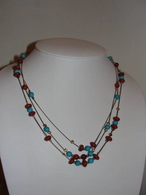 Sterling Silver and 14 kt Gold Turquoise and Red Coral Bead Necklace - 3