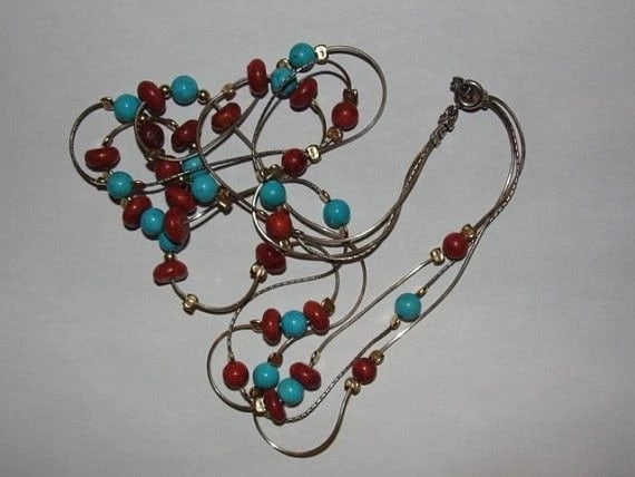Sterling Silver and 14 kt Gold Turquoise and Red Coral Bead Necklace - 4