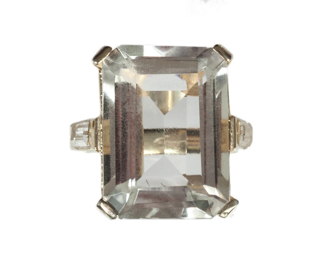 Massive 14 kt Gold Vermeil Sterling Silver Emerald Cut Quartz Cocktail Ring - 3