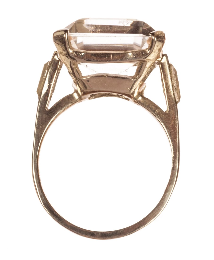 Massive 14 kt Gold Vermeil Sterling Silver Emerald Cut Quartz Cocktail Ring - 6