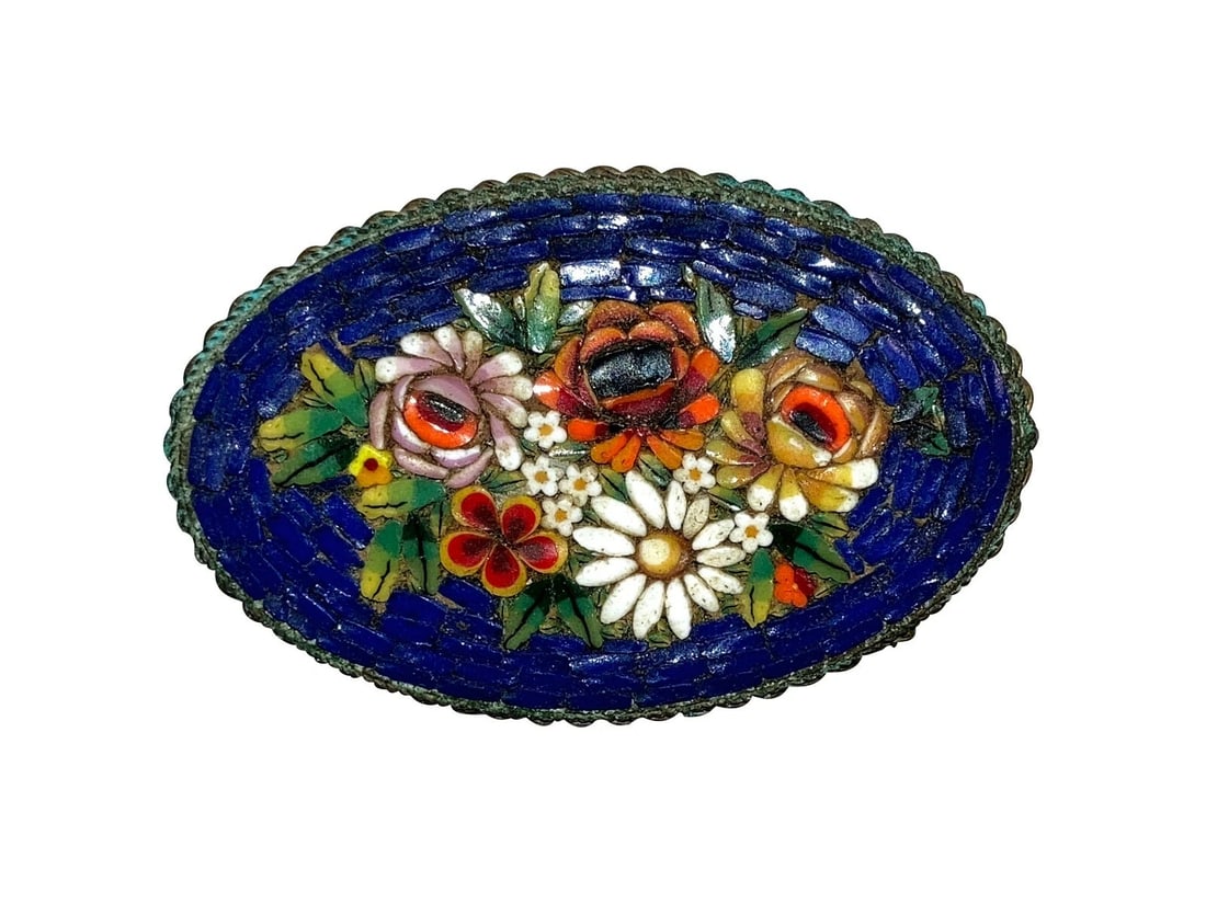 Victorian Brass Blue Mosaic Oval Pin - 2