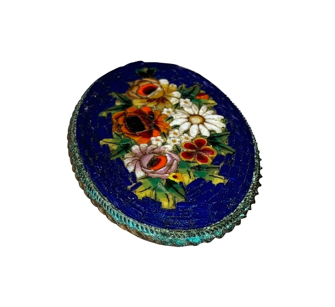 Victorian Brass Blue Mosaic Oval Pin - 3